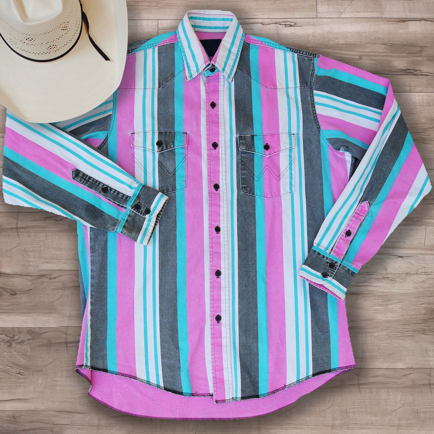 Men's Lapel Casual Western Gray Pink Striped Shirt