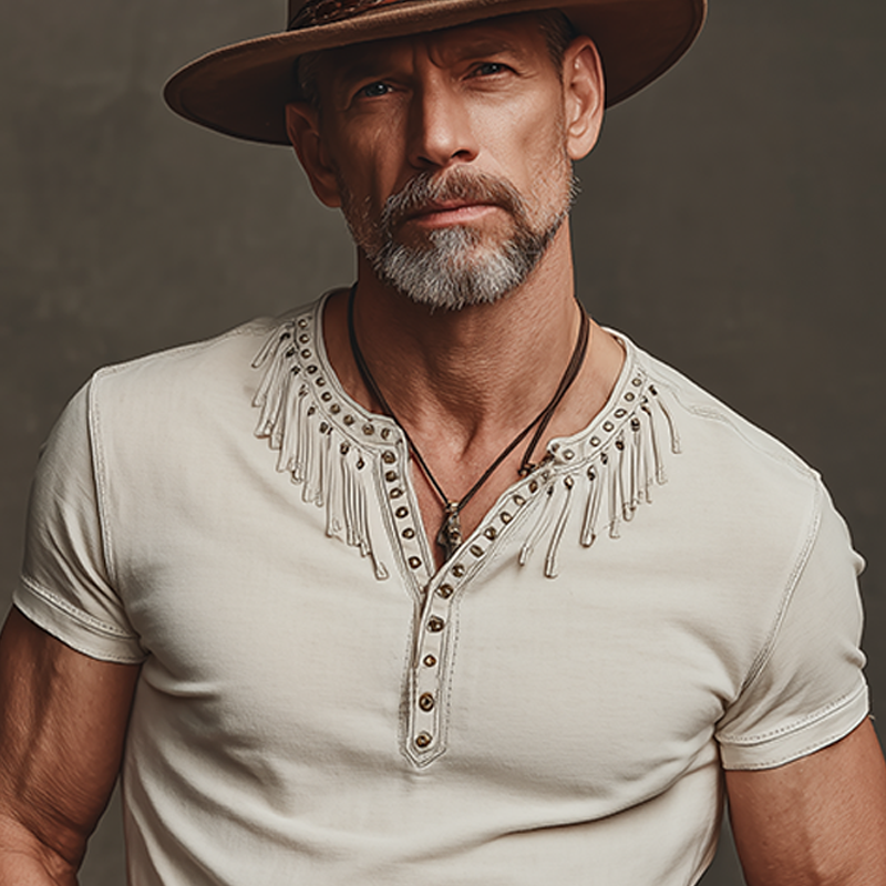 Men's Spring And Summer New American Retro Western Denim Cotton Blend Tassel And Metal Rivet Henry Collar Slim Short Sleeve T-shirt MTA1895F1K