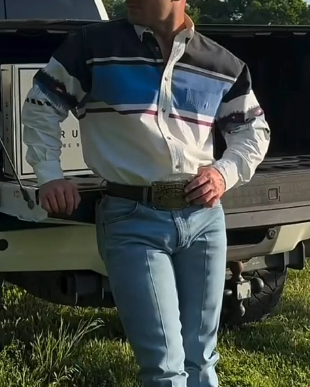 Men's Casual Retro Blue Striped Print Long Sleeve Lapel Shirt