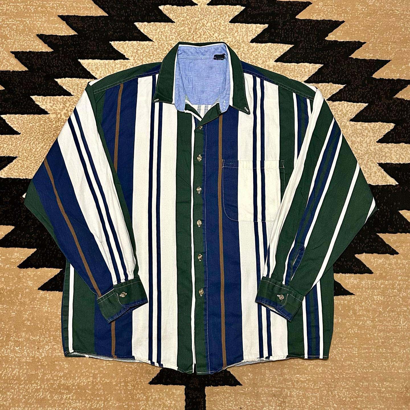 Men's Western Casual Green Khaki Striped Long Sleeve Shirt