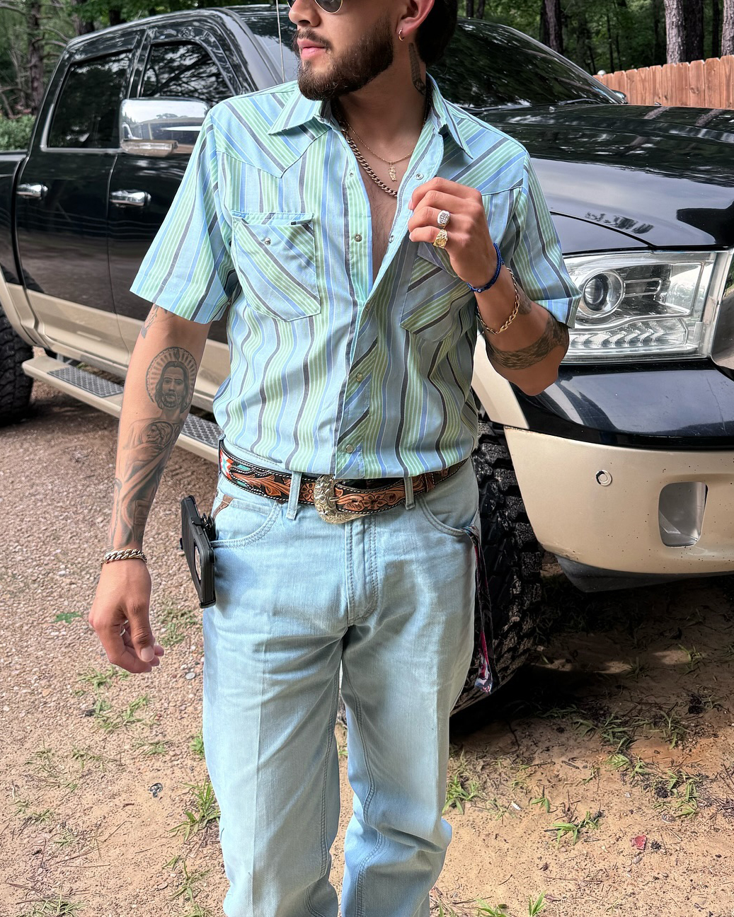 Men's Casual Retro Blue Green Striped Short Sleeve Shirt