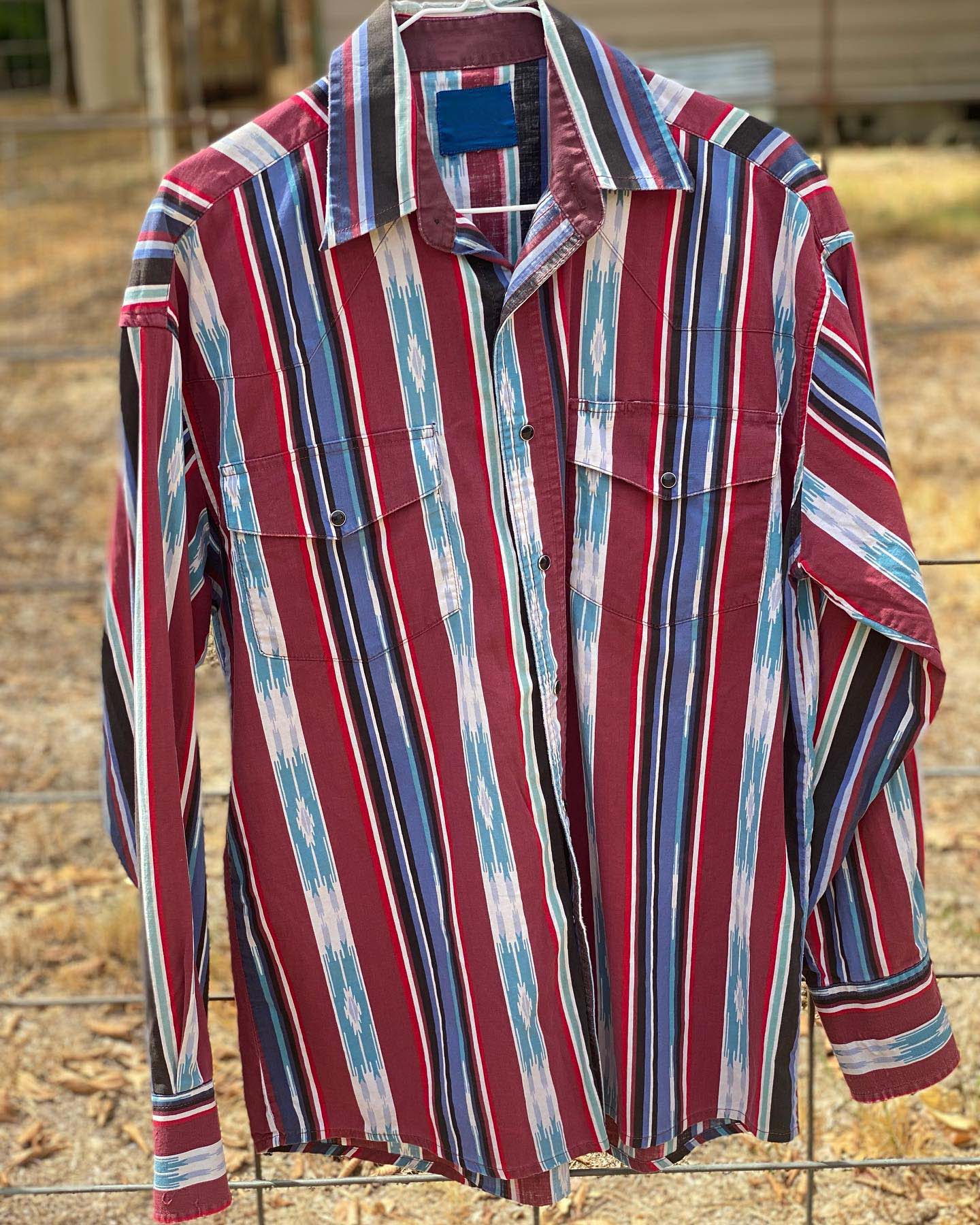 Men's Western Casual Red Blue Striped Long Sleeve Shirt