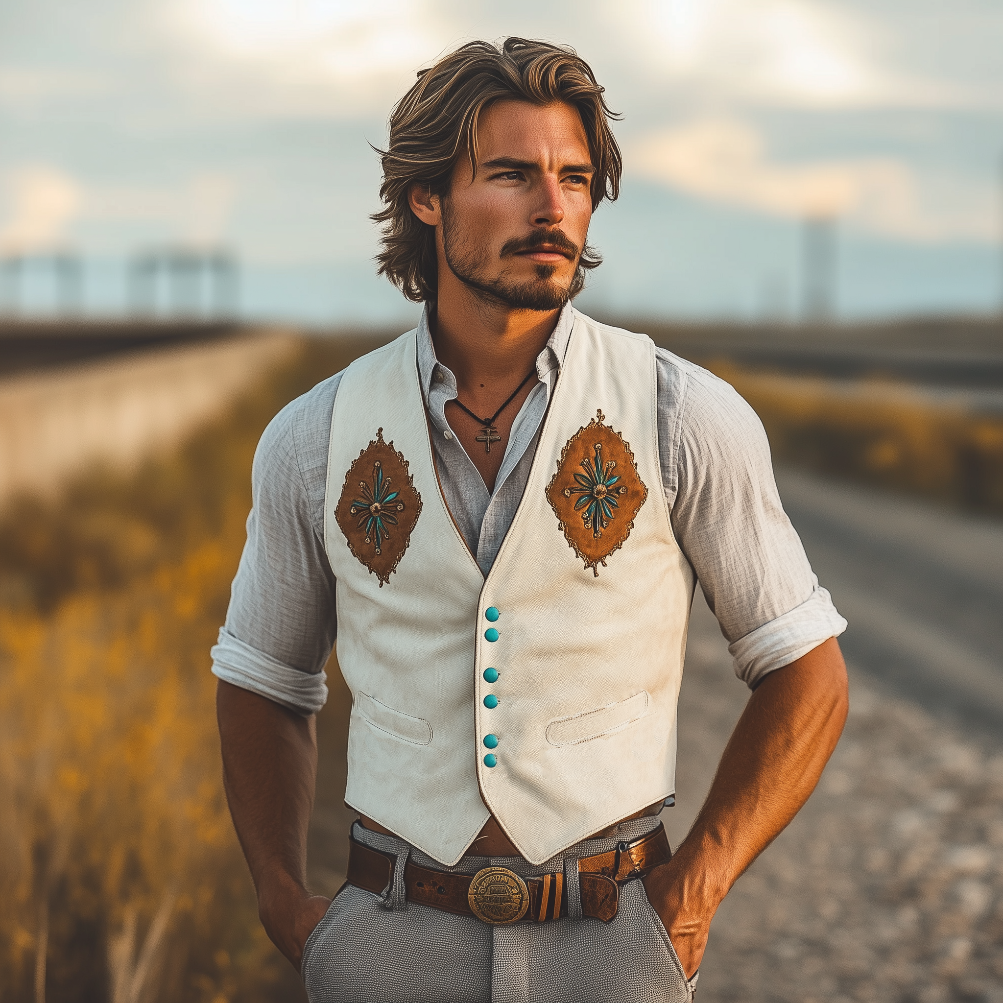 Men's Classic Casual Western Cowboy Style Embroidered Thin Suede Slim Vest MTA2288G2K