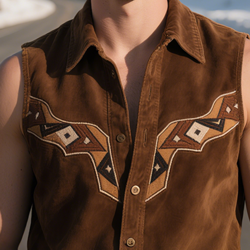 Men's Vintage Casual Western Suede Geometric Embroidery Lapel Sleeveless Shirt MTA2297G8TO