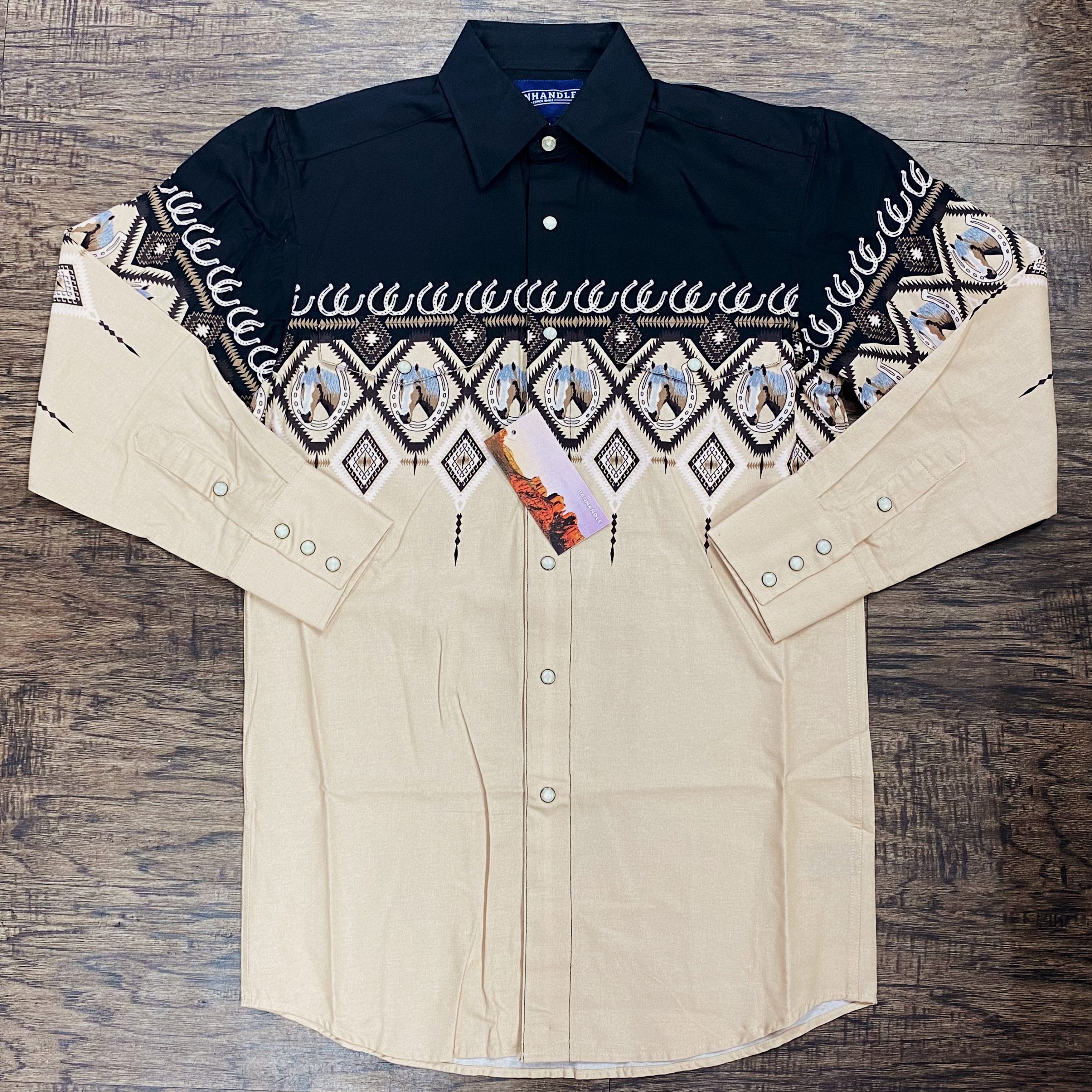 Panhandle: Relaxed Fit Lucky Horse Beige/Black LS Shirt