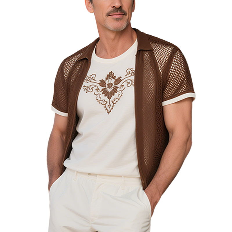 Men's Summer New Casual American Western Style Mesh Fabric Splicing Cotton Blended Fake Two-piece Embroidery Slim Short-sleeved Shirt MTA1771F8K