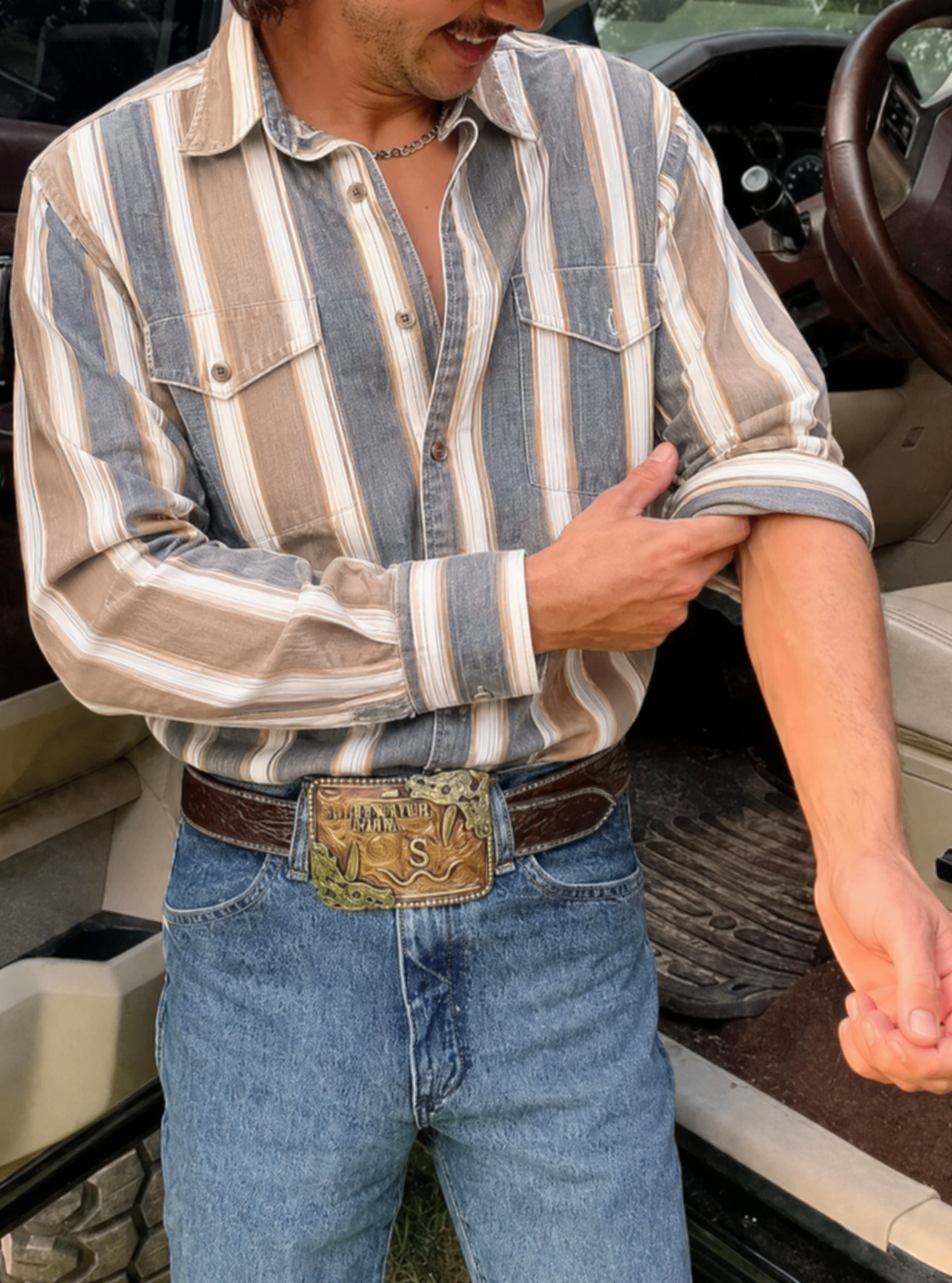 Men's long Casual Gray And Off-White Stripe Shirt