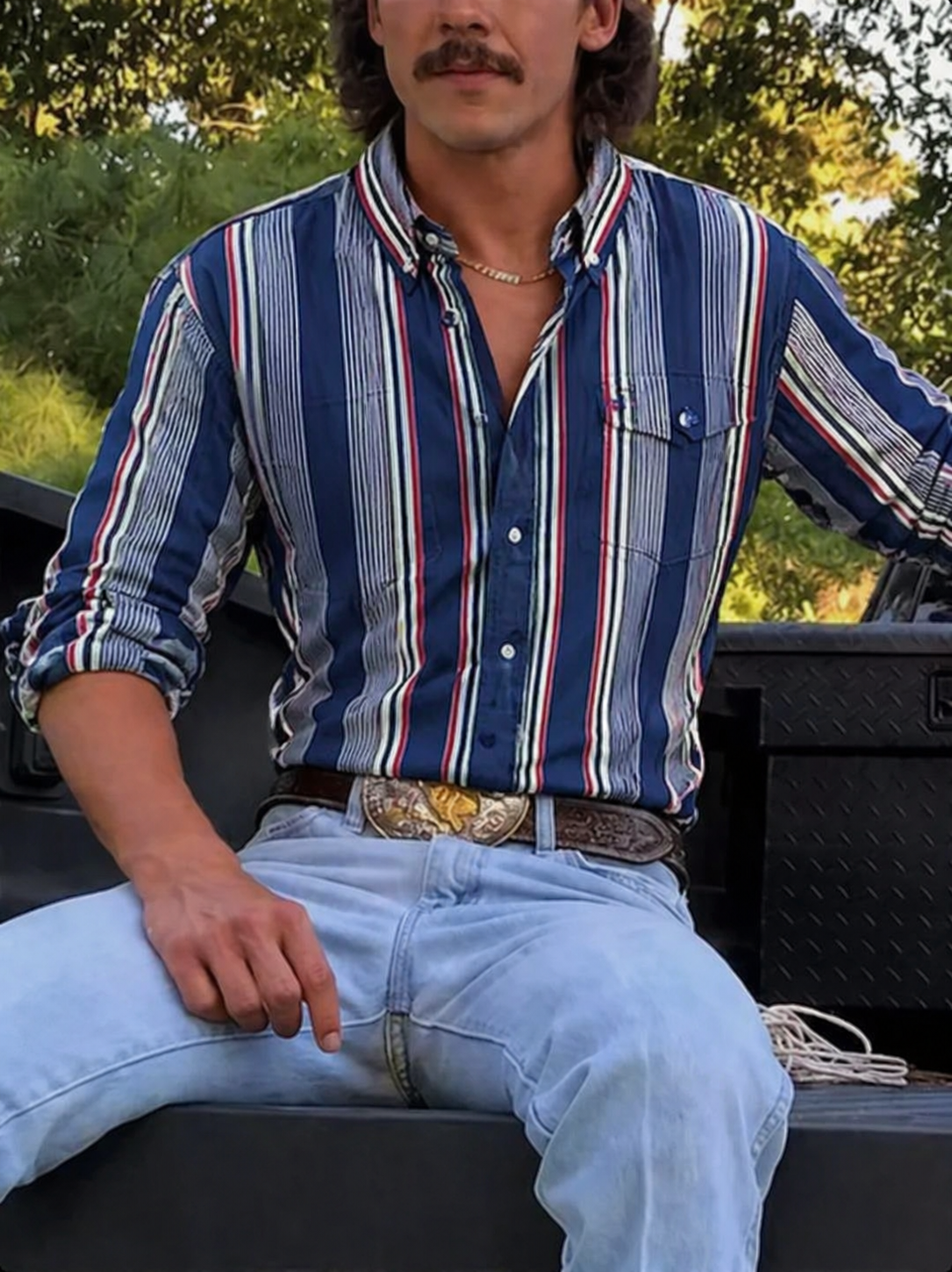Men's Fashionable Casual Western Navy Blue Striped Shirt