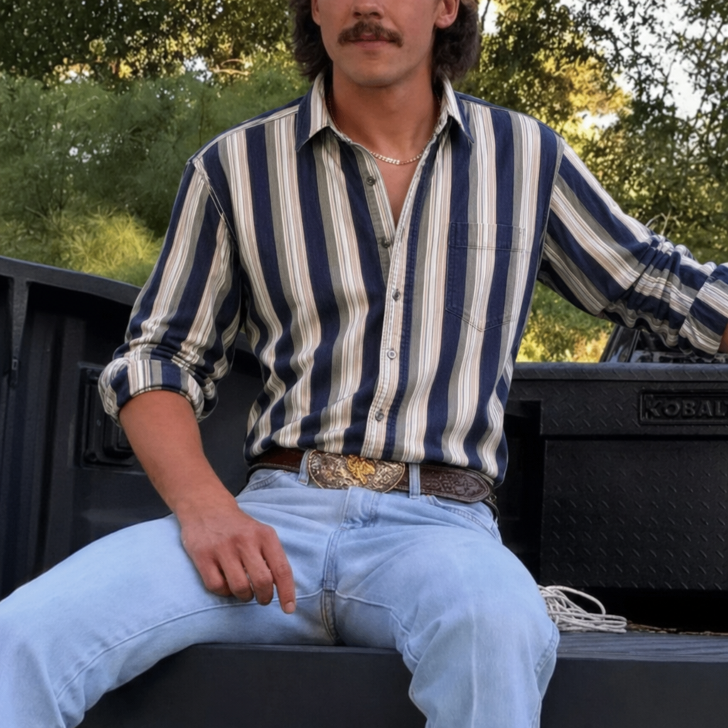 Men's Fashionable Casual Western Dark blue and white Striped Shirt