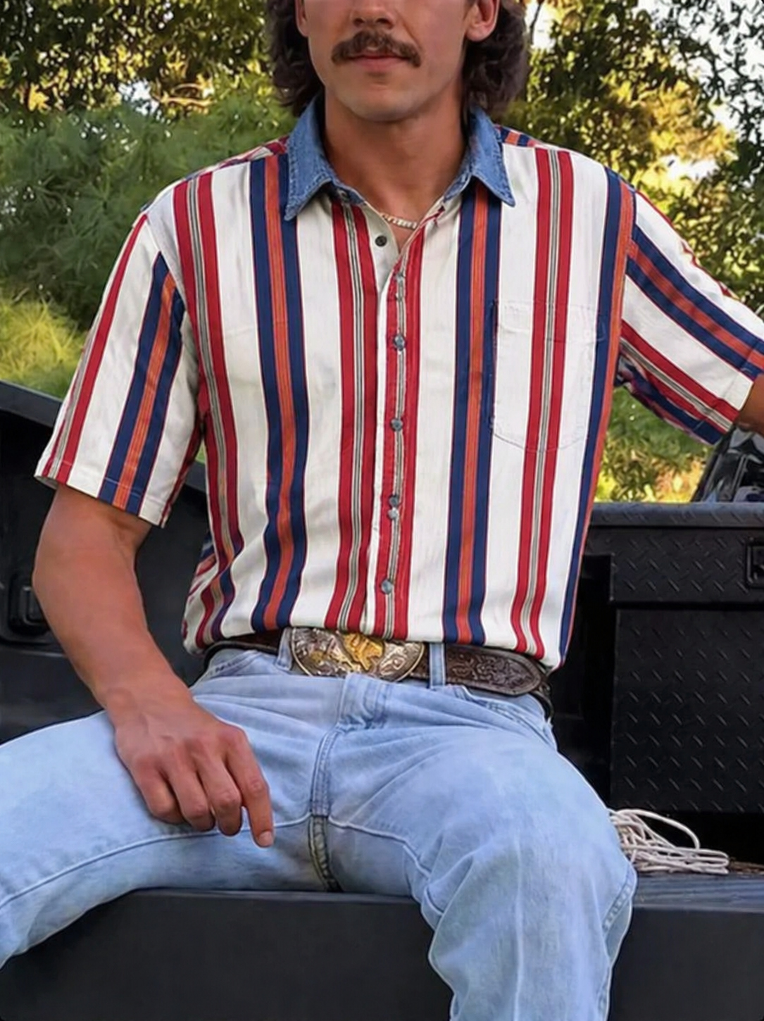 Men's Fashionable Casual Western Red and white striped denim collar shirt
