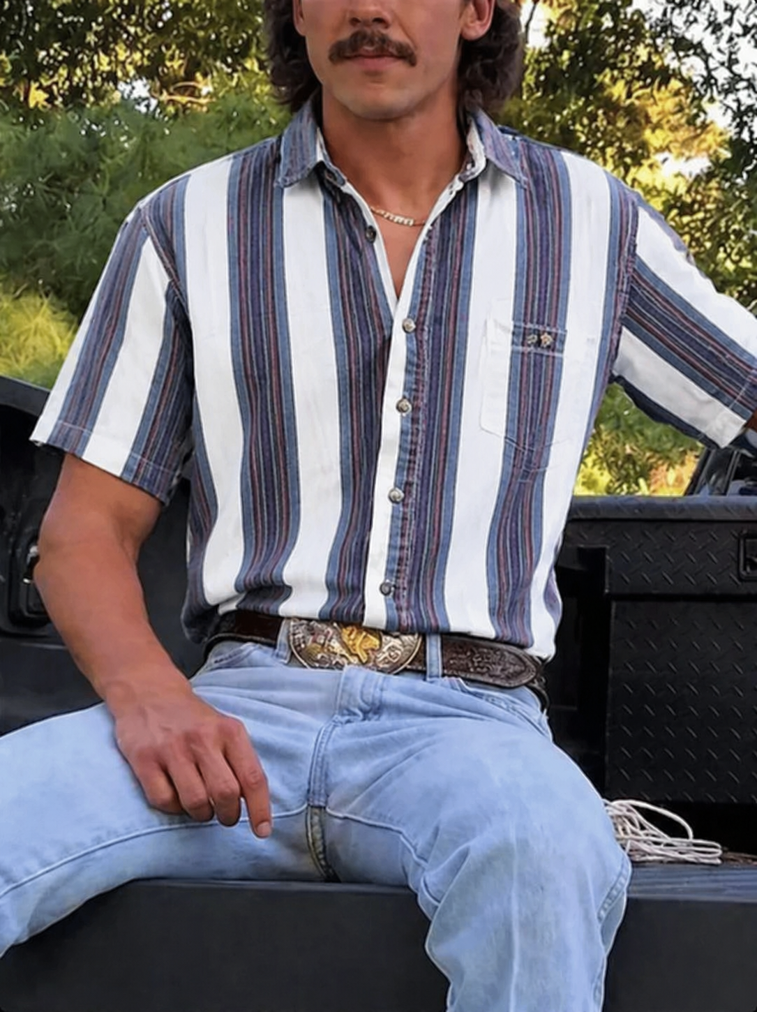 [Copy]Men's Fashionable Casual Western Gray-White Striped Shirt
