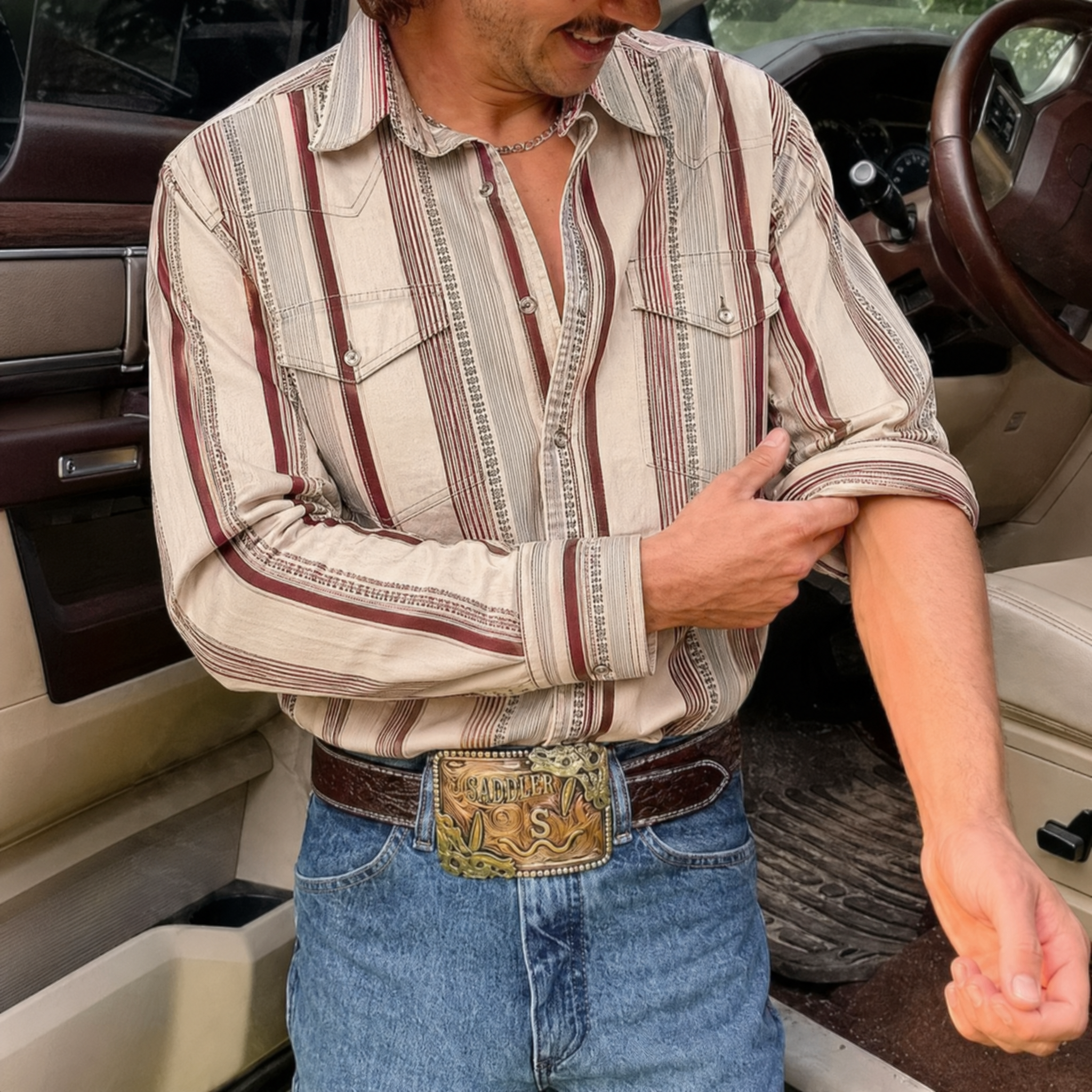Men's long Casual Beige Stripe Shirt