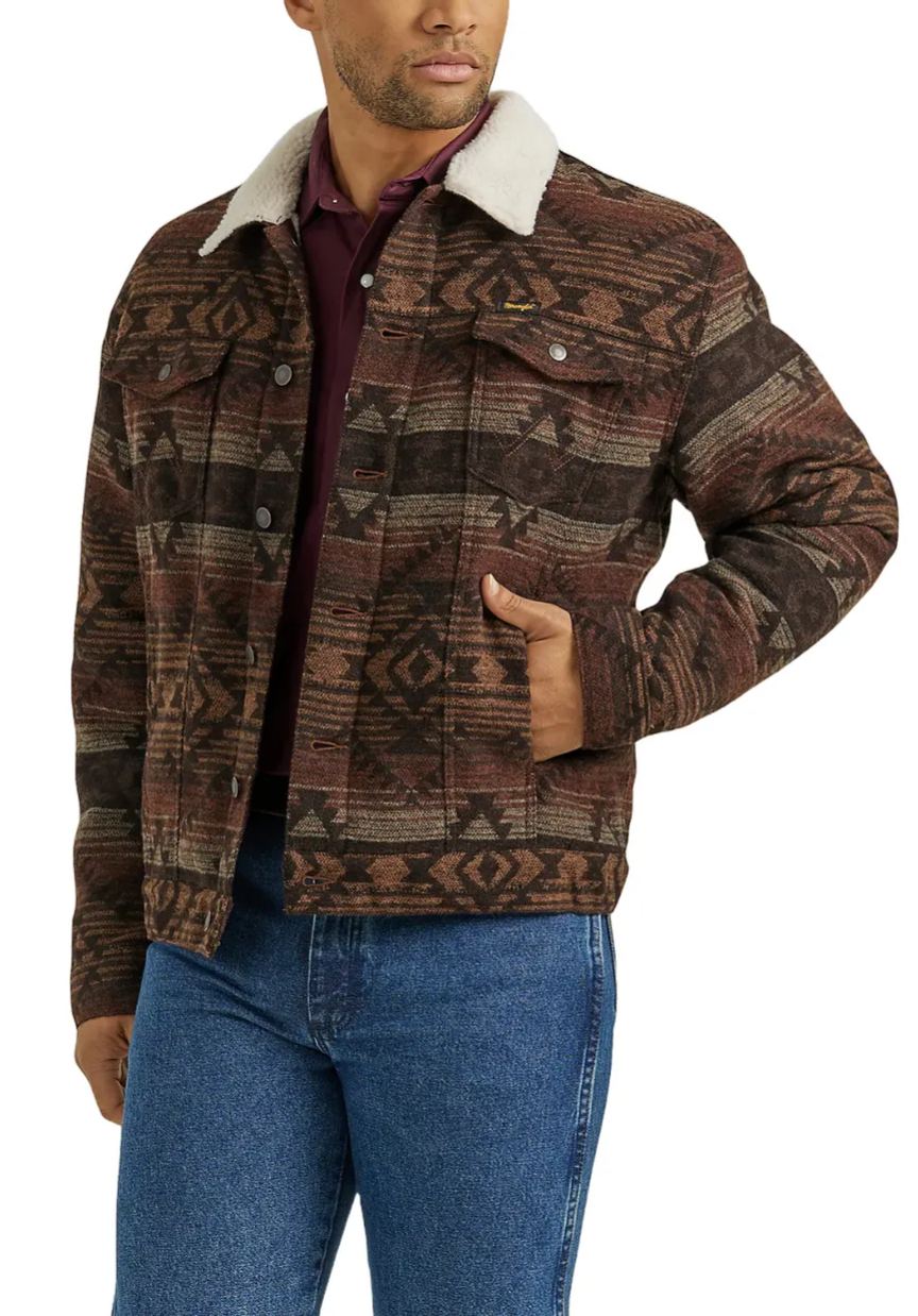 Men's Jacquard Geometric Graphic Sherpa Brown Jacket