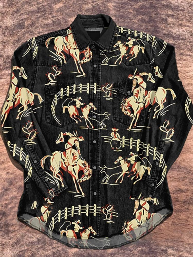 Unisex Red Cowboy Vintage Print Casual Shirt