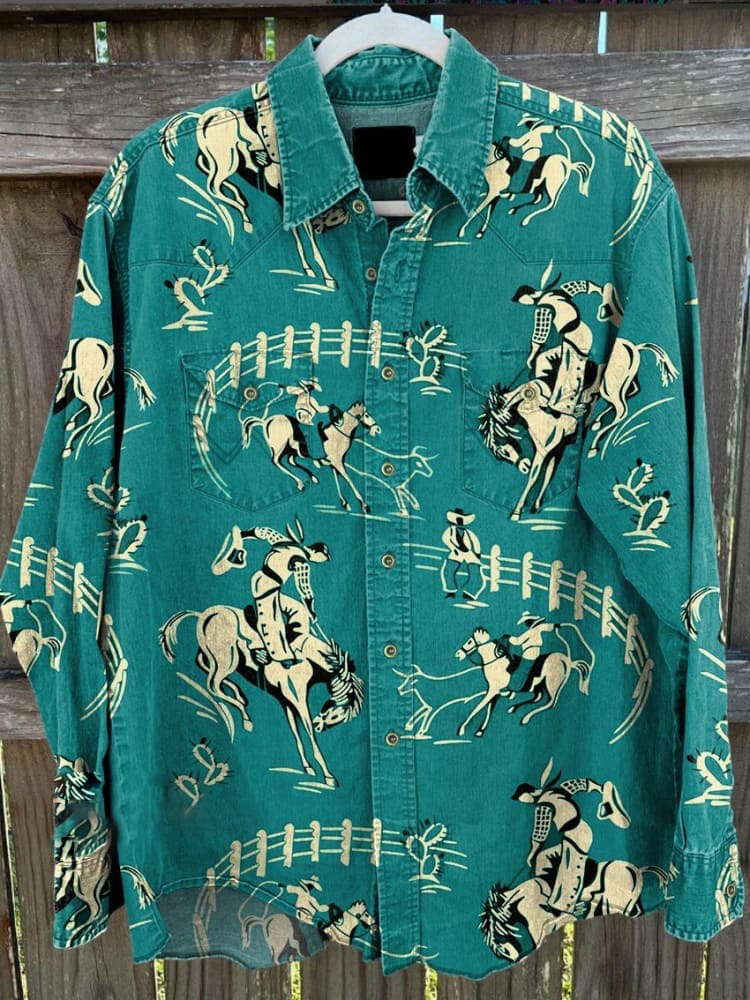 Unisex Red Cowboy Vintage Print Casual Shirt