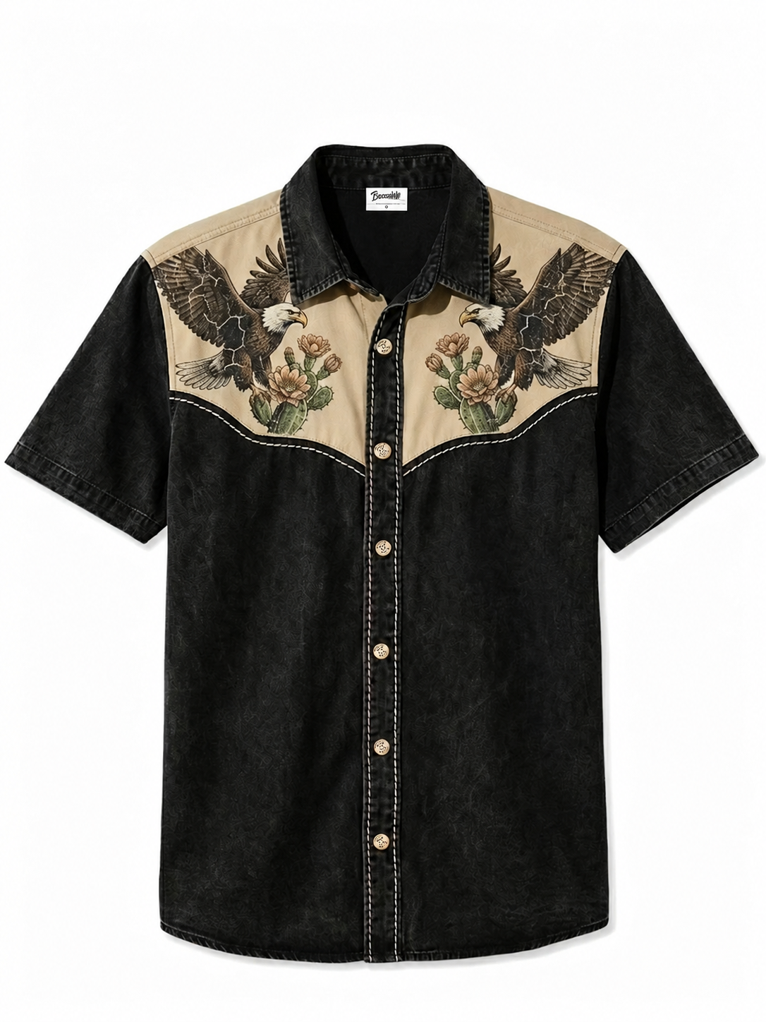 2026 Spring Summer Men's Distressed Charcoal Cactus Print Short Sleeve Shirt
