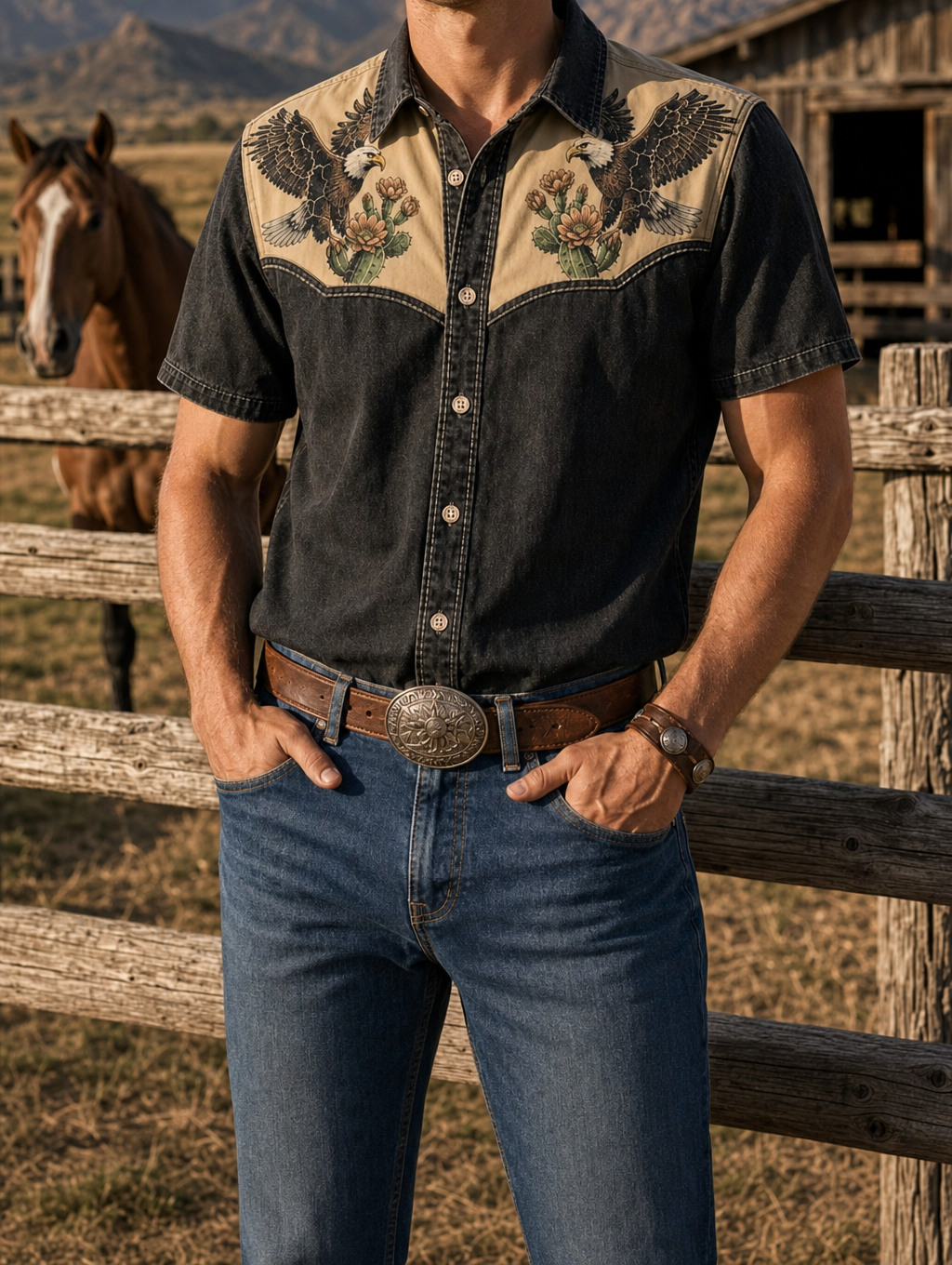 2026 Spring Summer Men's Distressed Charcoal Cactus Print Short Sleeve Shirt