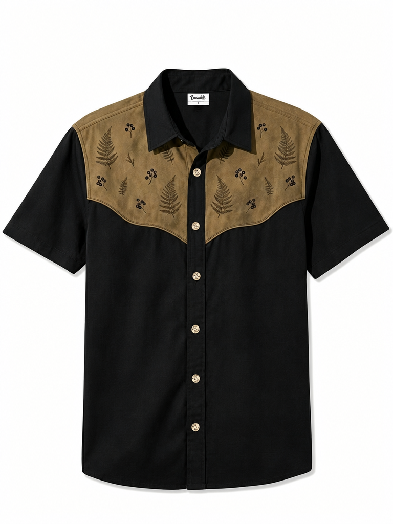 026 Spring Summer Men's Black Fern Leaf Print Western Cowboy Shirt
