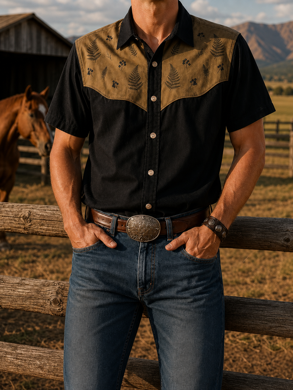 026 Spring Summer Men's Black Fern Leaf Print Western Cowboy Shirt