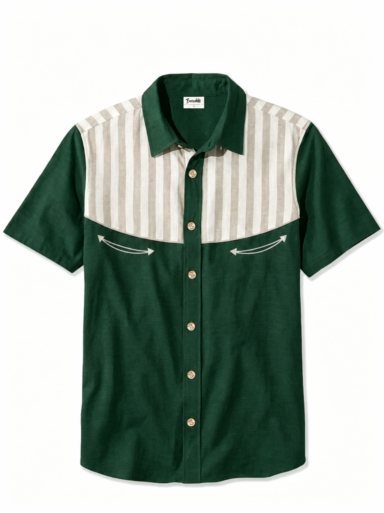 2026 Spring Summer Men's Emerald Green Stripe Spliced Western Cowboy Shirt