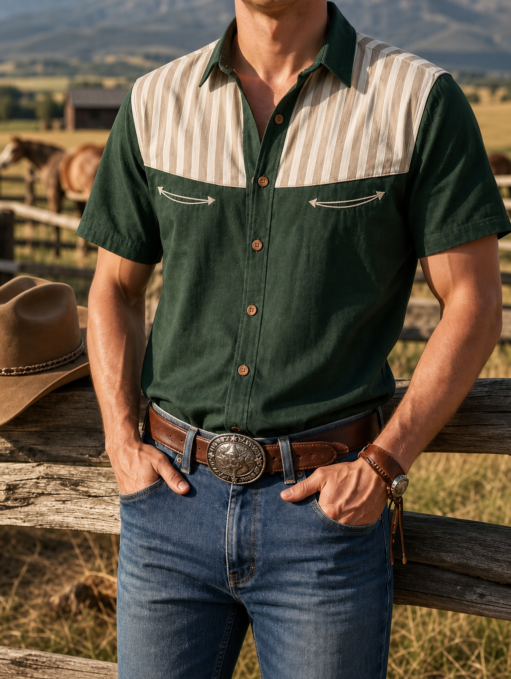 2026 Spring Summer Men's Emerald Green Stripe Spliced Western Cowboy Shirt