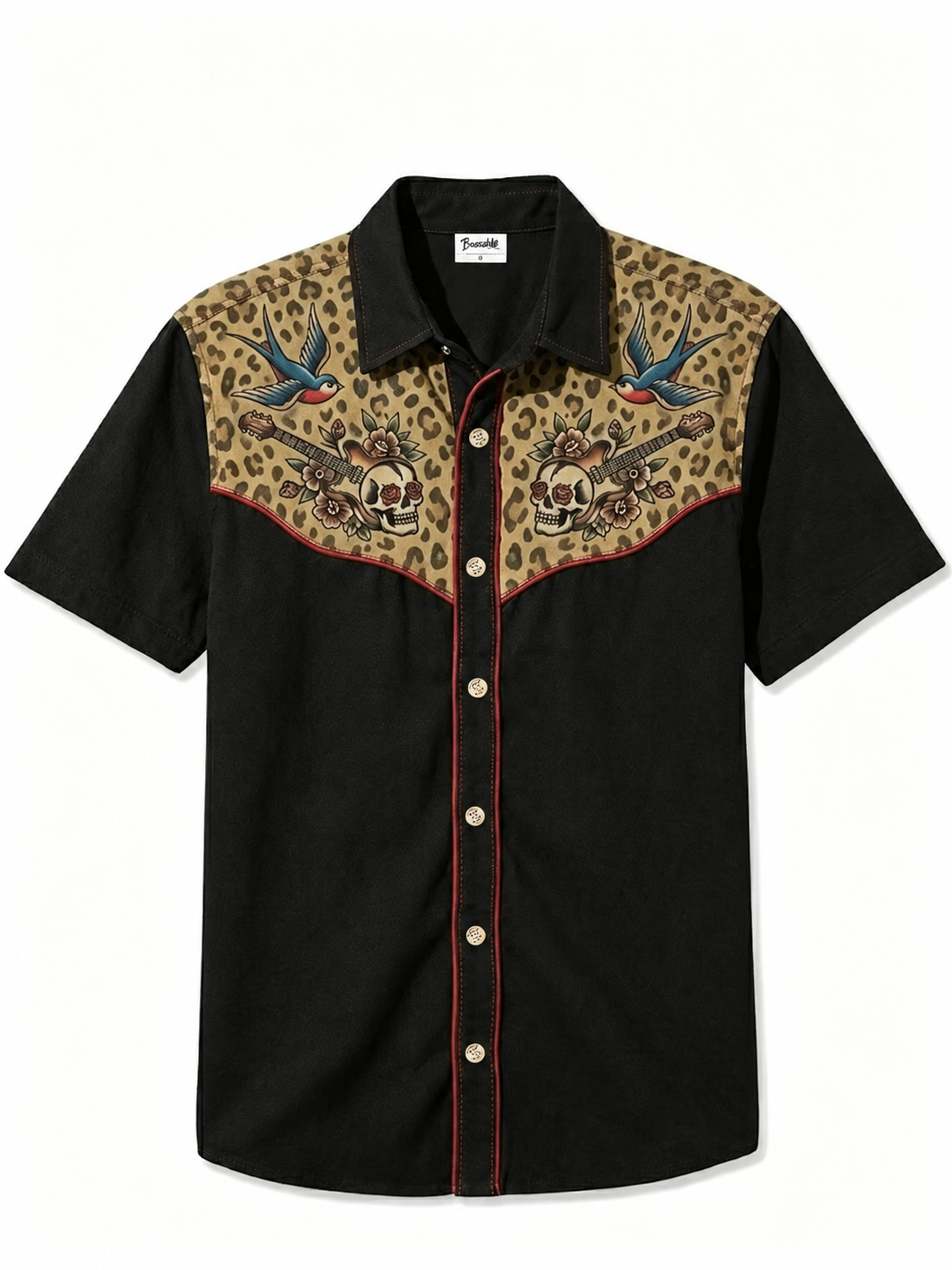 2026 Spring Summer Men's Vintage Leopard Yoke Red Piping Casual Blouse