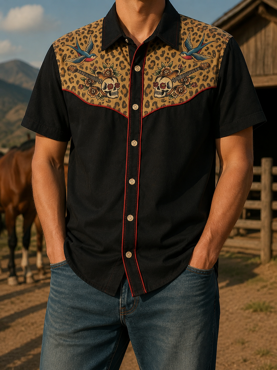 2026 Spring Summer Men's Vintage Leopard Yoke Red Piping Casual Blouse
