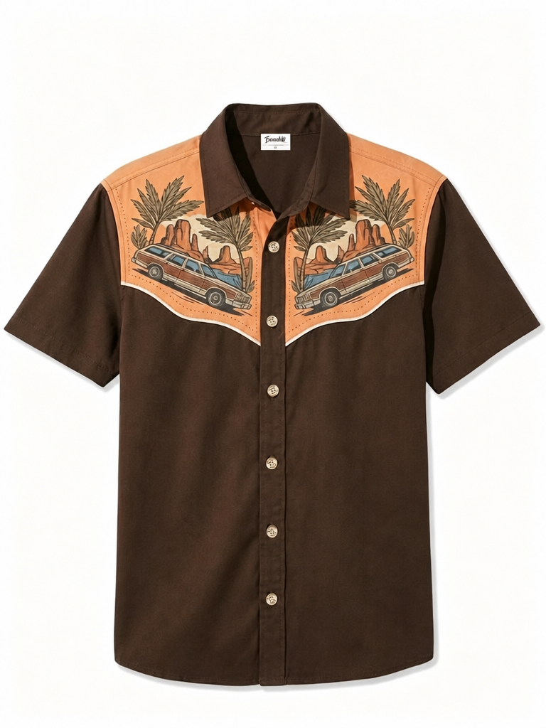 2026 Spring Summer Men's Antique Brown Terracotta Yoke White Piping Casual Blouse