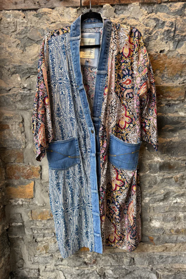 Multi Fabric and Colour Cardigan with Recycled Denim Trim