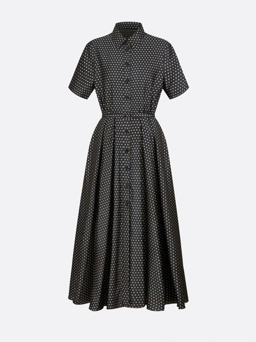 Ladies Lapel Polka Dot Short Sleeve Dress