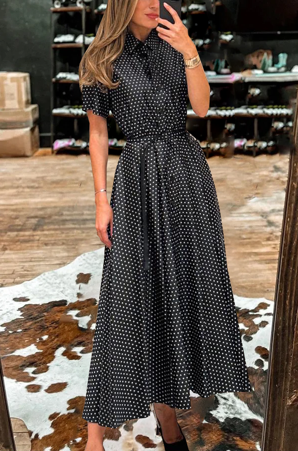 Ladies Lapel Polka Dot Short Sleeve Dress