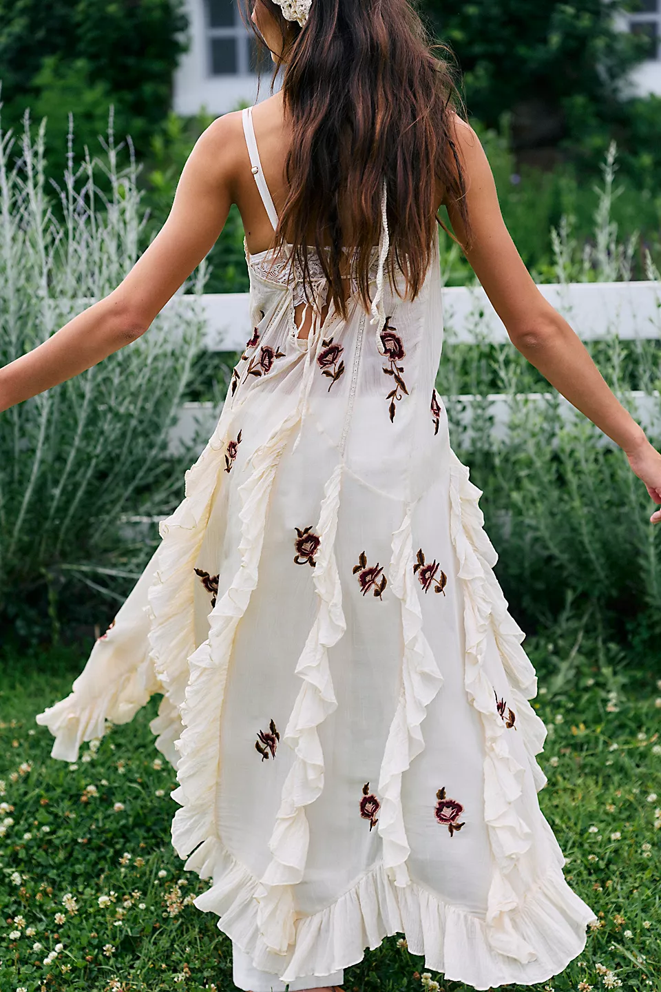 Floral Embroidered Ruffle Crinkle Maxi Cover Up Back Tie Slip Duster
