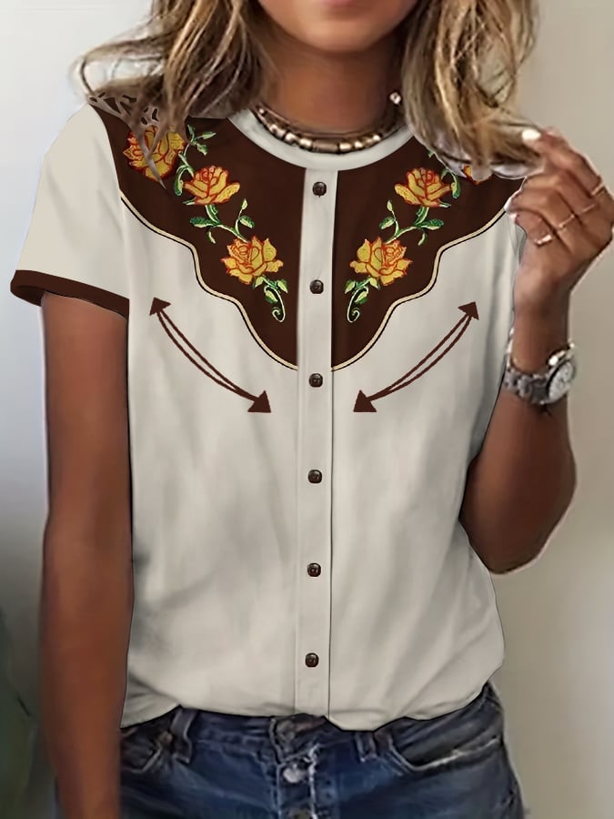 Women's Retro Western Style Printed Casual T-Shirt