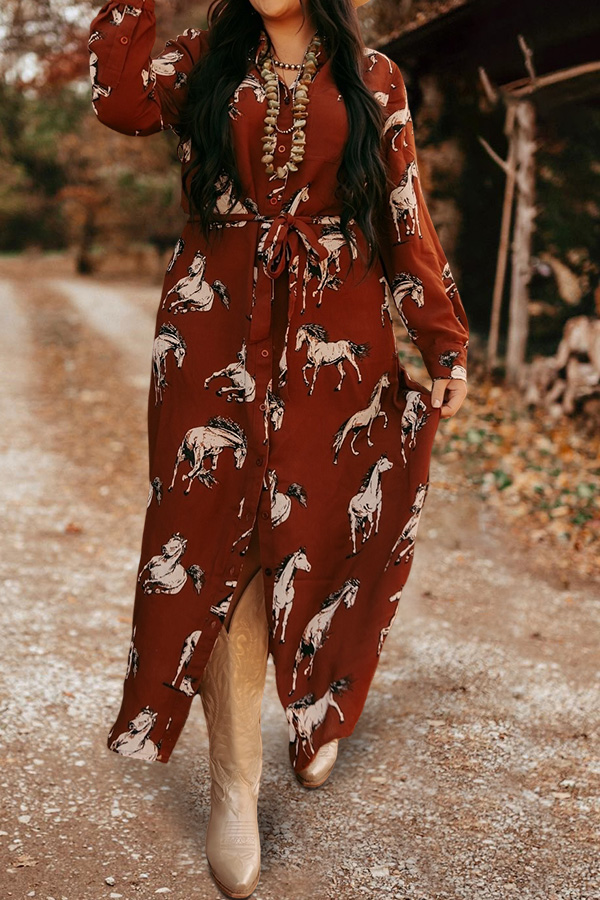 Western Horse Print Buttoned Shirt Dress