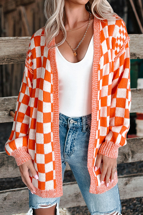 Casual Bubble Sleeves Checkered Cardigan