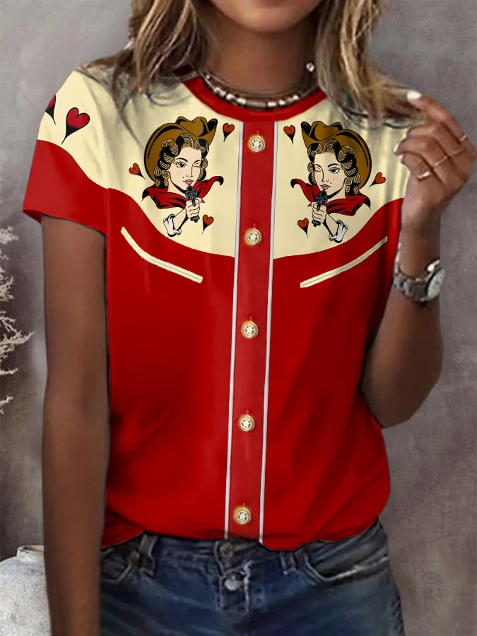 Women's Retro Western Style Printed Casual T-Shirt