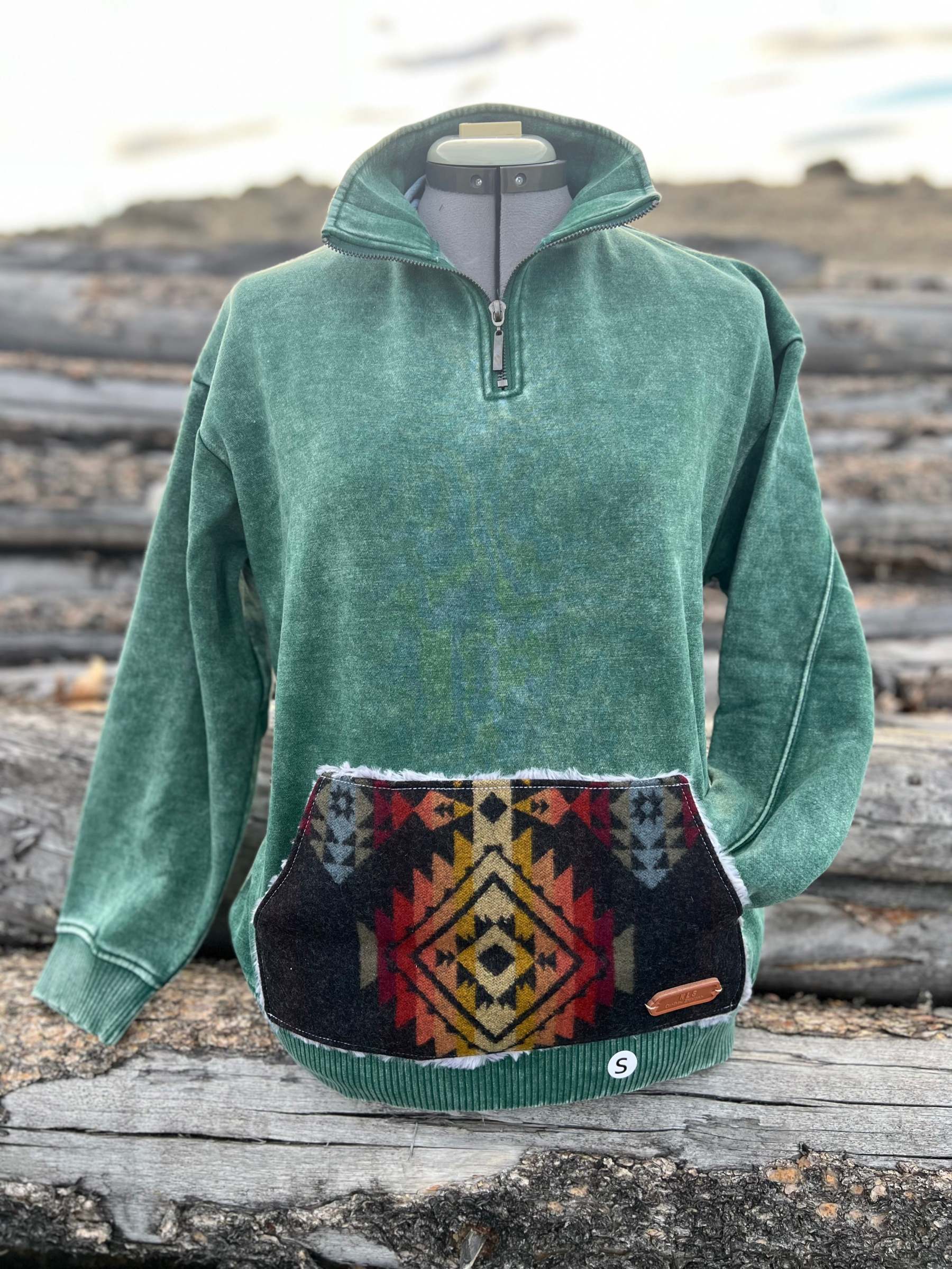 Western Aztec Geometric Patchwork Pocket Quarter‑Zip Pullover Sweatshirt