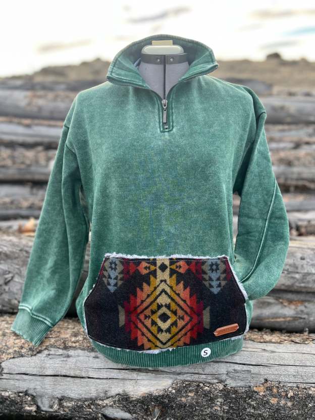 Western Aztec Geometric Patchwork Pocket Quarter‑Zip Pullover Sweatshirt