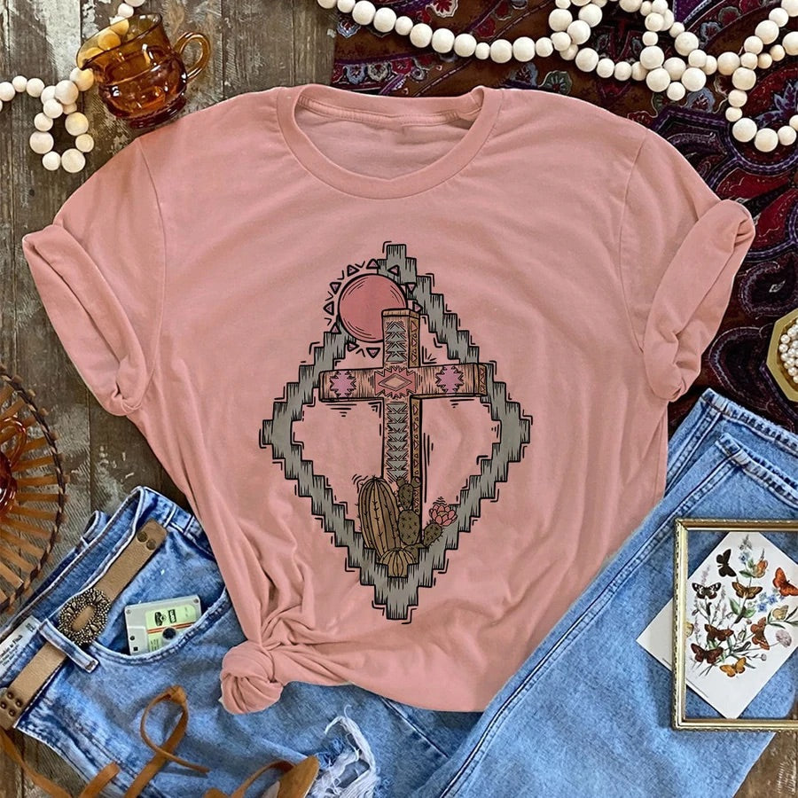 Easter Sunrise Cross Graphic Womens Cropped Fashion T-Shirt