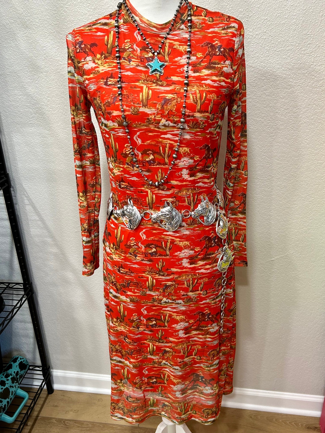 Retro Western Life Scene Print Dress