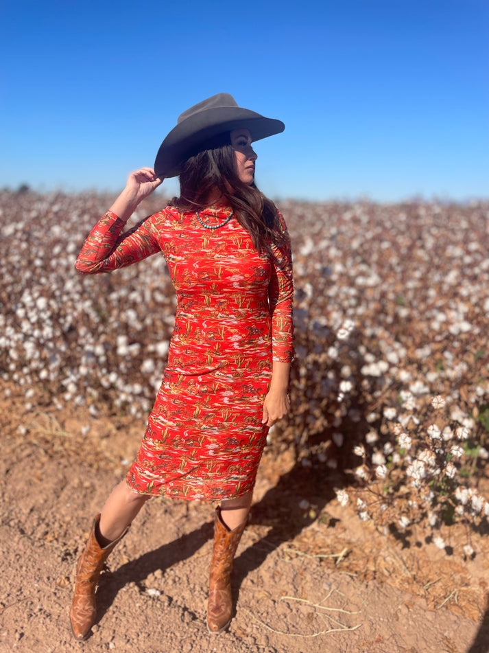 Retro Western Life Scene Print Dress