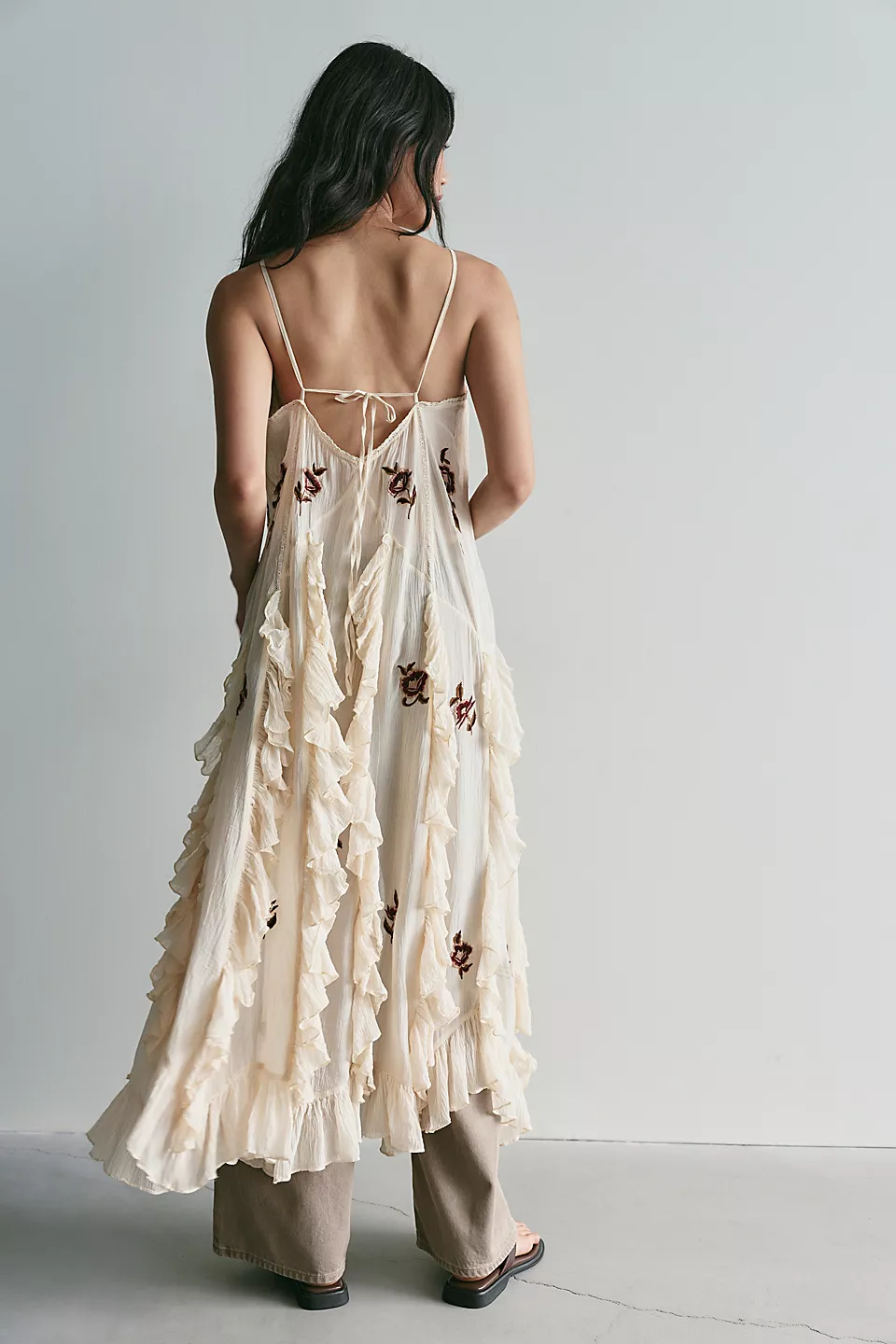 Floral Embroidered Ruffle Crinkle Maxi Cover Up Back Tie Slip Duster