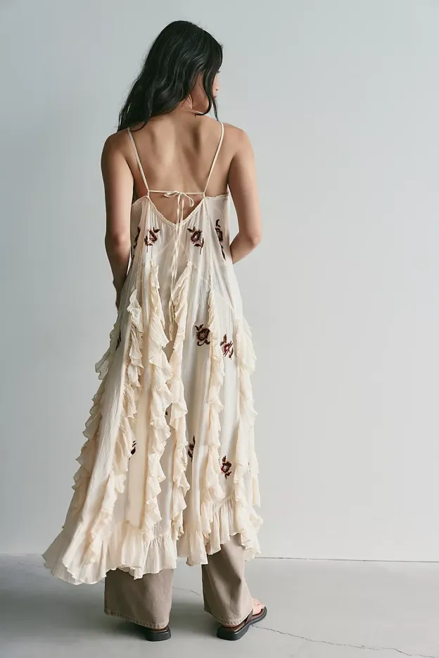 Floral Embroidered Ruffle Crinkle Maxi Cover Up Back Tie Slip Duster