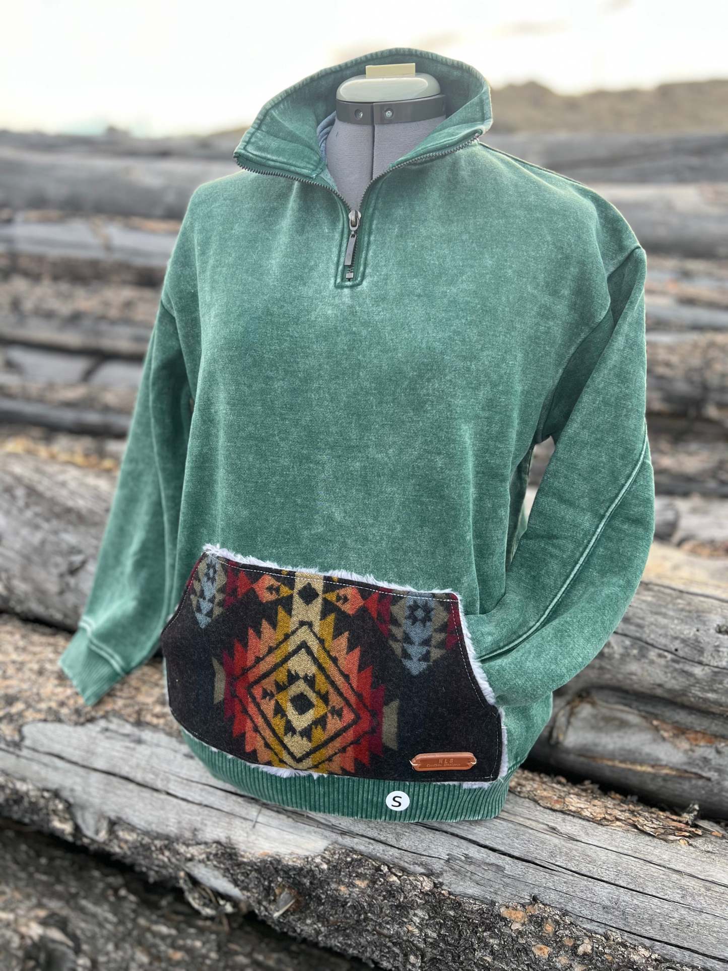 Western Aztec Geometric Patchwork Pocket Quarter‑Zip Pullover Sweatshirt