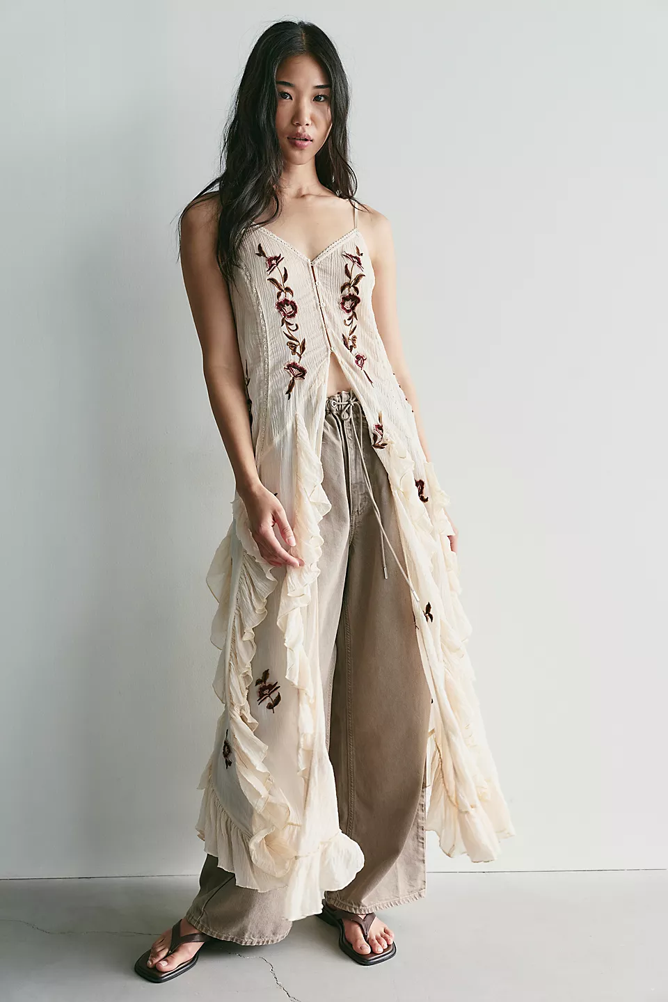 Floral Embroidered Ruffle Crinkle Maxi Cover Up Back Tie Slip Duster