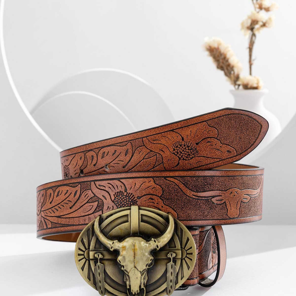Western Cowboy Cow Head Brown Belt