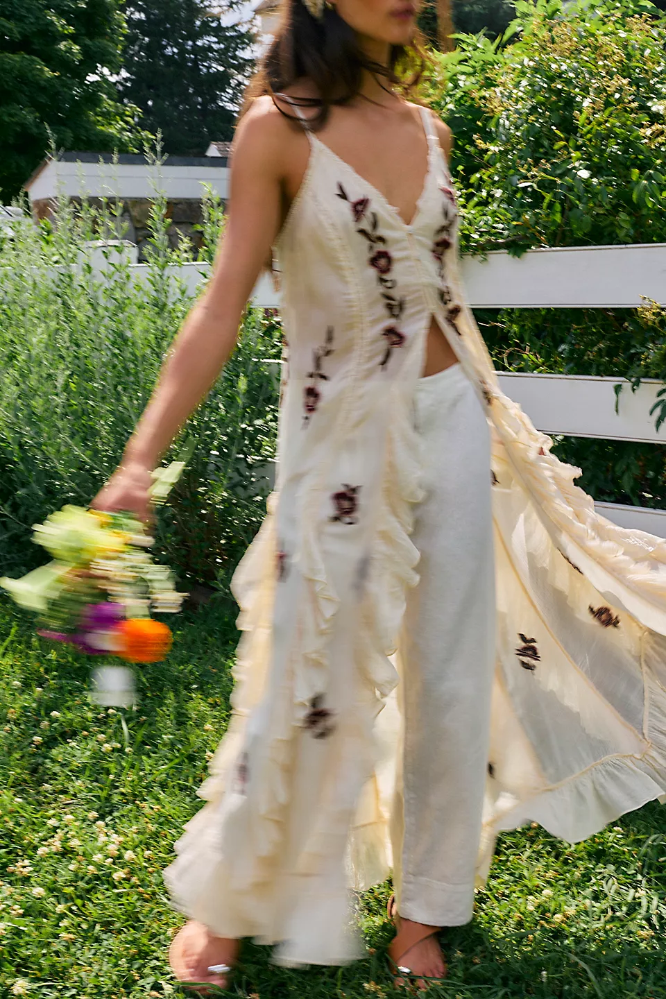 Floral Embroidered Ruffle Crinkle Maxi Cover Up Back Tie Slip Duster