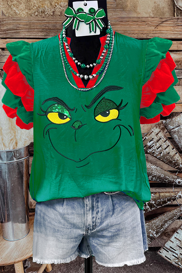 Colorblock Ruffle Sleeve Grinch Embroidered Shirt