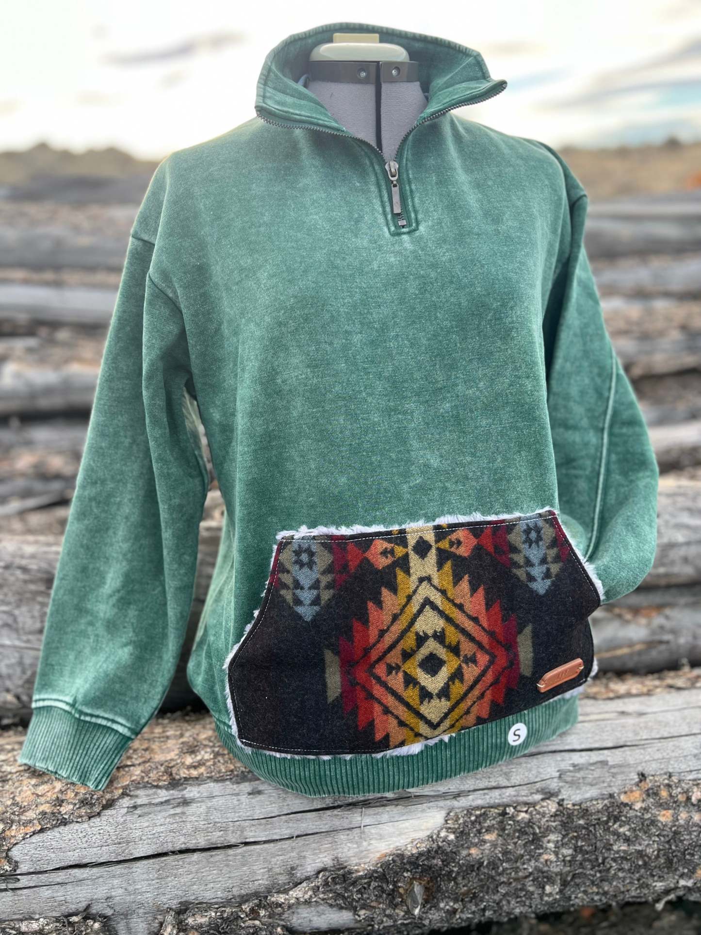 Western Aztec Geometric Patchwork Pocket Quarter‑Zip Pullover Sweatshirt