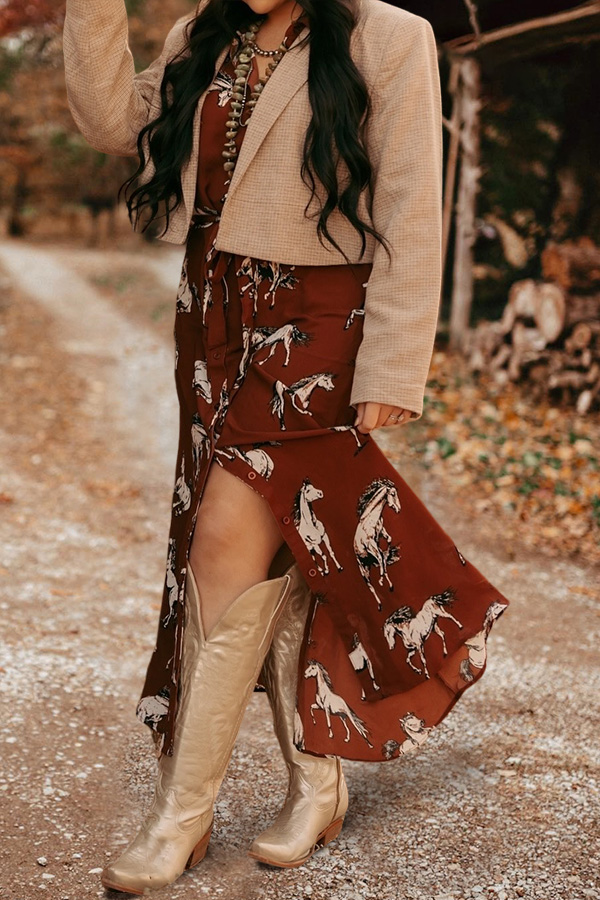 Western Horse Print Buttoned Shirt Dress